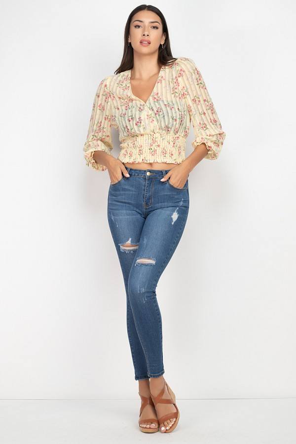 Floral Shadow Stripe V-neck Top - Absolute Fashion 2020
