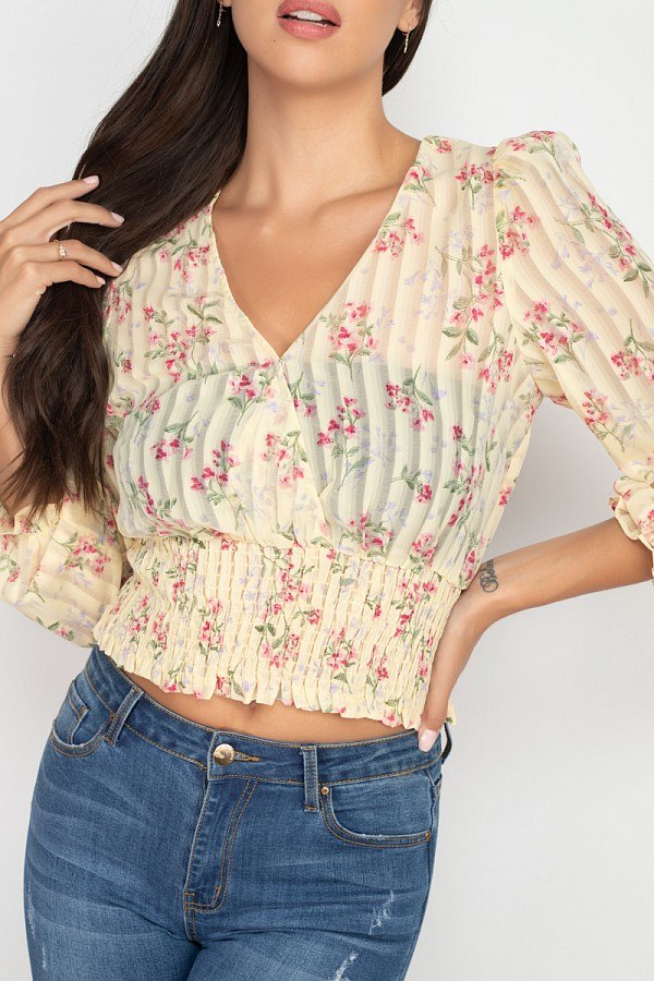 Floral Shadow Stripe V-neck Top - Absolute Fashion 2020