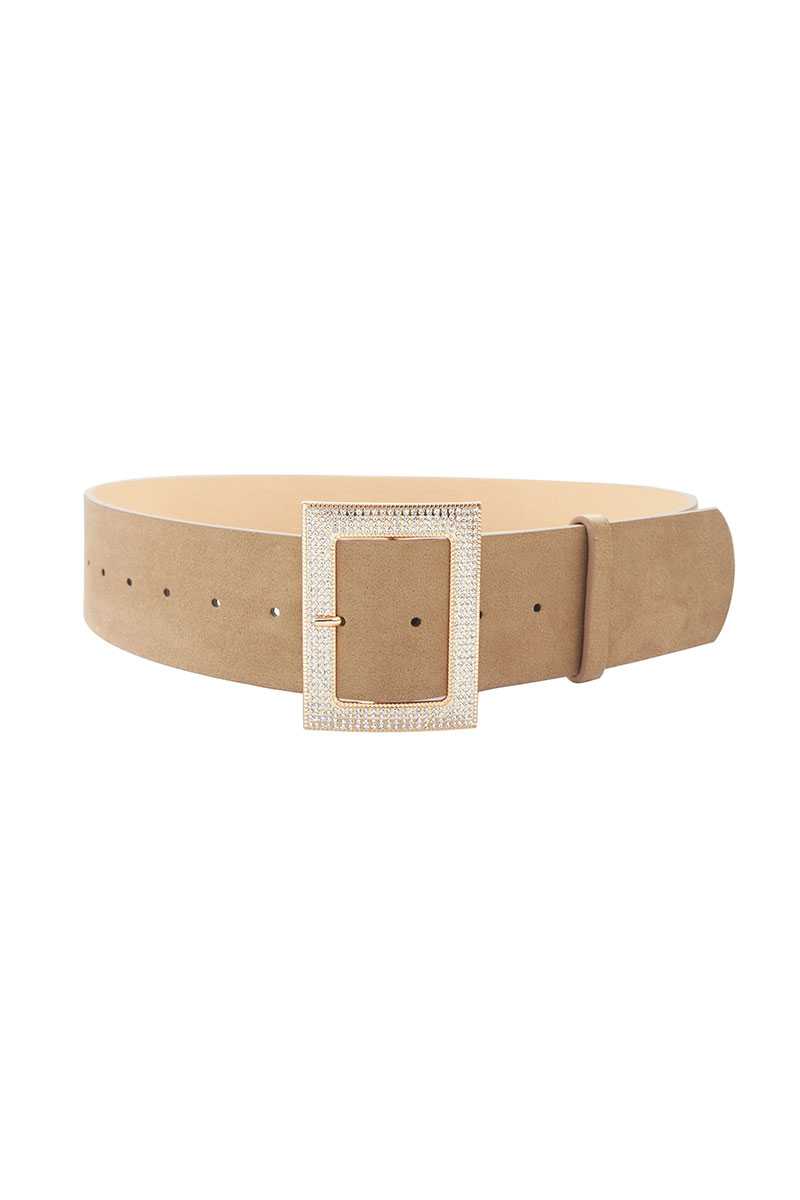 Rectangle Rhinestone Buckle Suede Belt - Absolute Fashion 2020