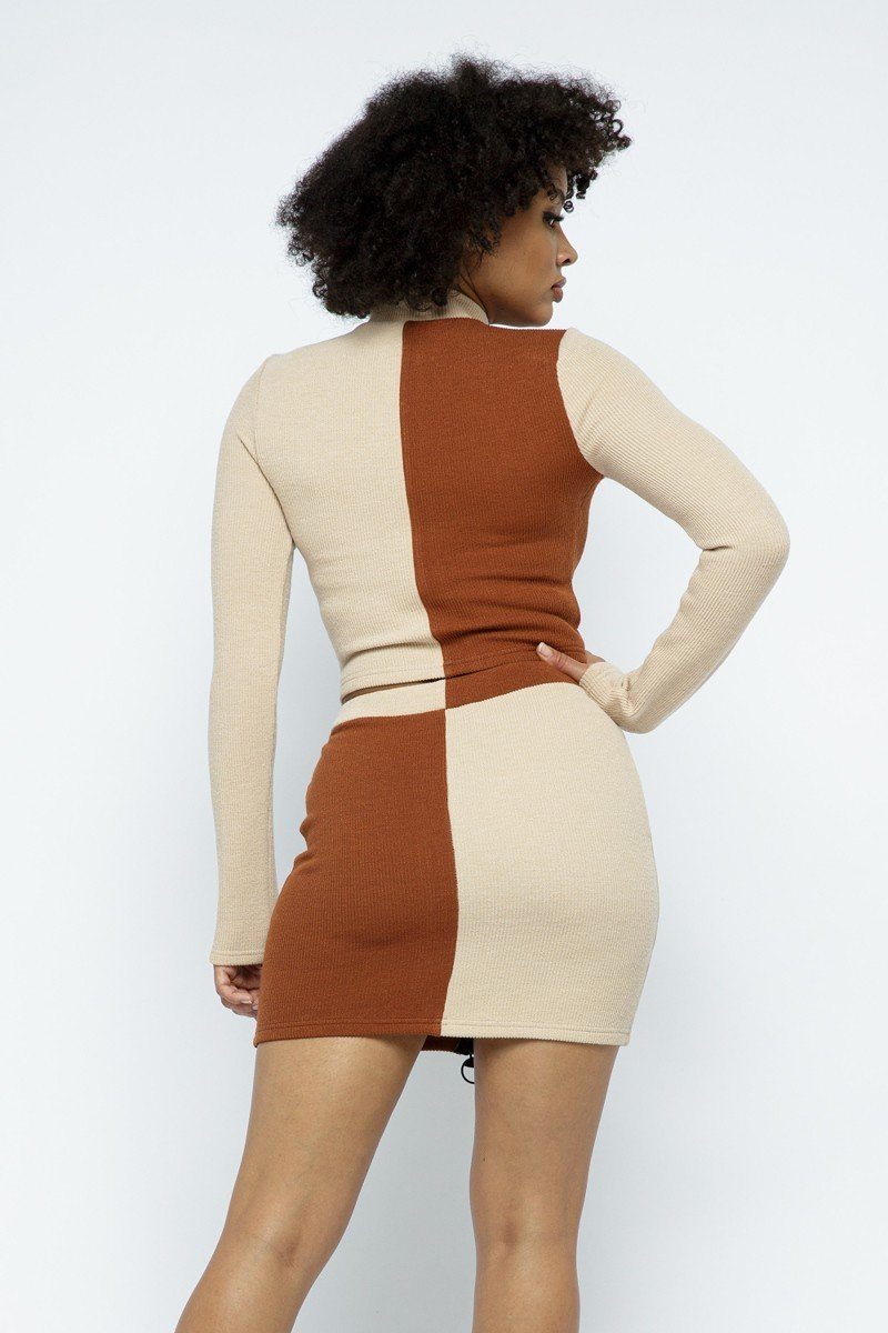 Rib Color Block Mock Neck Long Sleeve High-waist Mini Skirt With Front Zipper Set - Absolute Fashion 2020