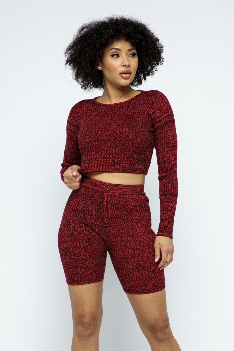 Knit Long Sleeve Cropped Top Knit High-waist Biker Shorts Set - Absolute Fashion 2020