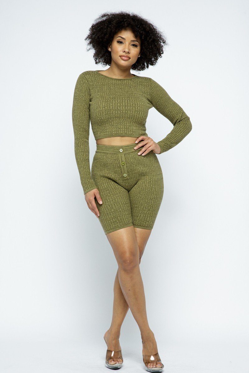 Knit Long Sleeve Cropped Top Knit High-waist Biker Shorts Set - Absolute Fashion 2020