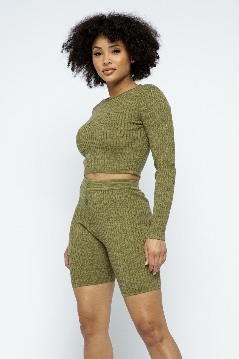 Knit Long Sleeve Cropped Top Knit High-waist Biker Shorts Set - Absolute Fashion 2020