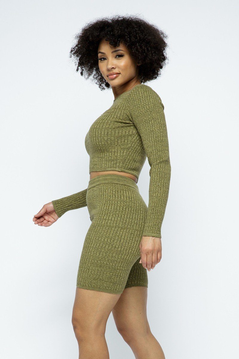 Knit Long Sleeve Cropped Top Knit High-waist Biker Shorts Set - Absolute Fashion 2020