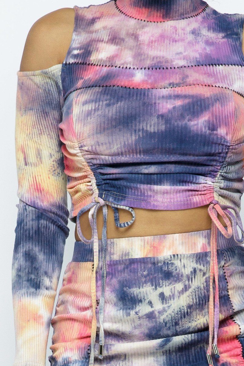 Tie Dye Open Shoulder Long Sleeve Top And Matching Skirt W Ruching Details - Absolute Fashion 2020