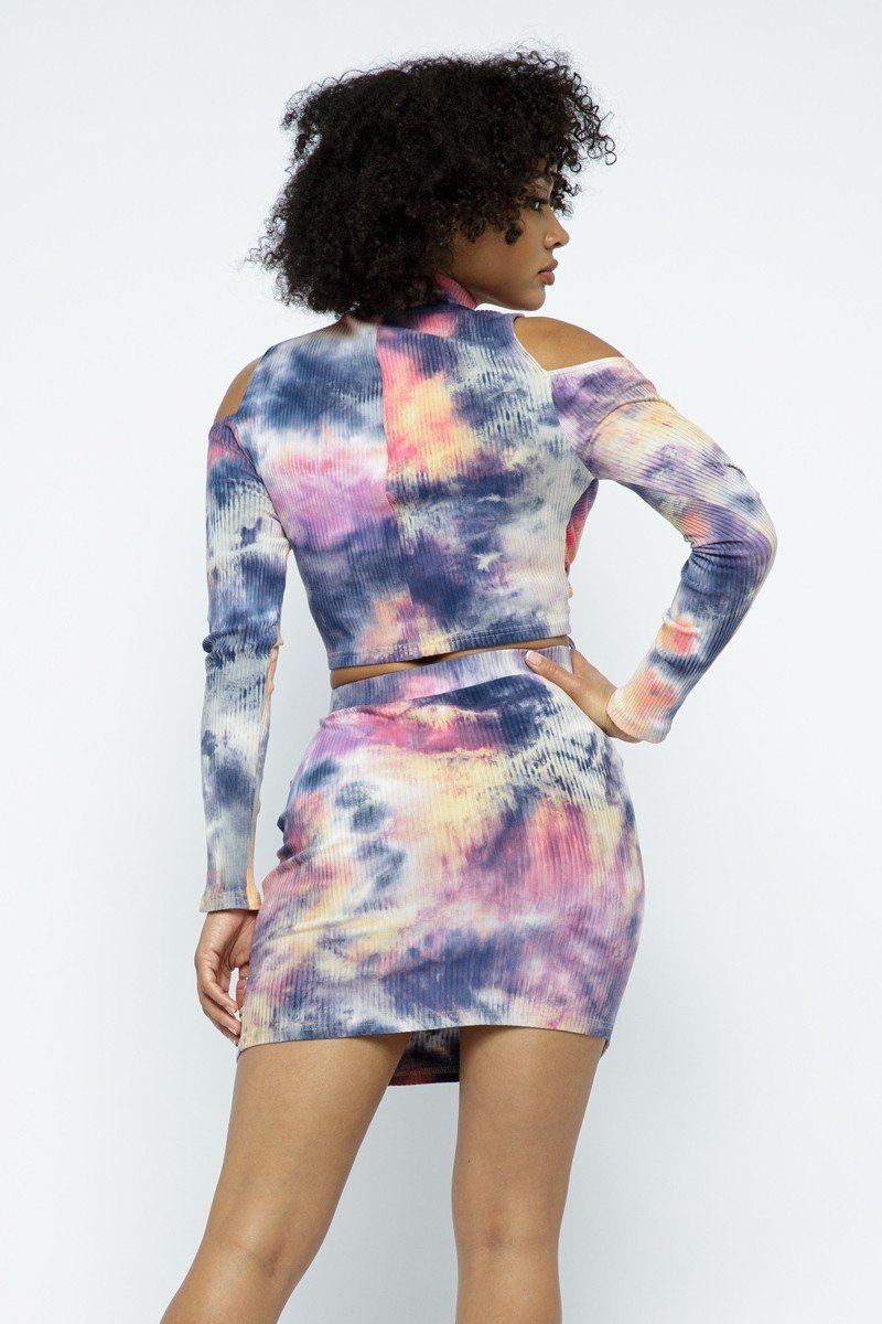 Tie Dye Open Shoulder Long Sleeve Top And Matching Skirt W Ruching Details - Absolute Fashion 2020