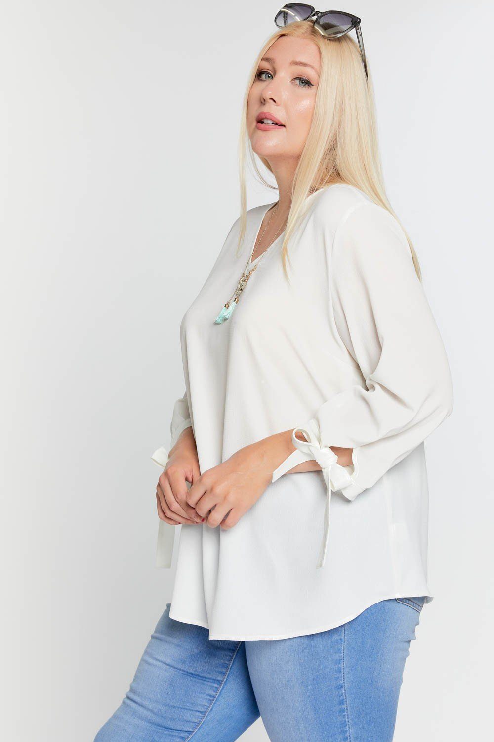 Solid V-neck 3/4 Sleeve Tie Accent Blouse Top - Absolute Fashion 2020