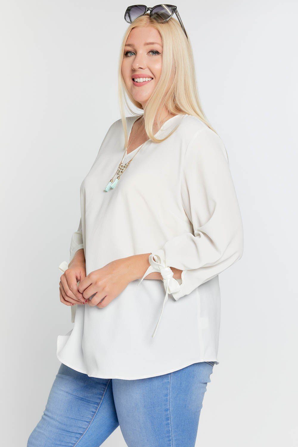 Solid V-neck 3/4 Sleeve Tie Accent Blouse Top - Absolute Fashion 2020