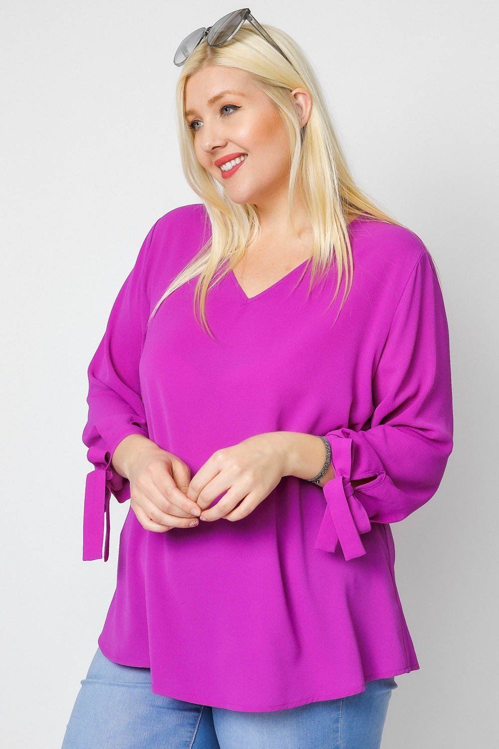 Solid V-neck 3/4 Sleeve Tie Accent Blouse Top - Absolute Fashion 2020