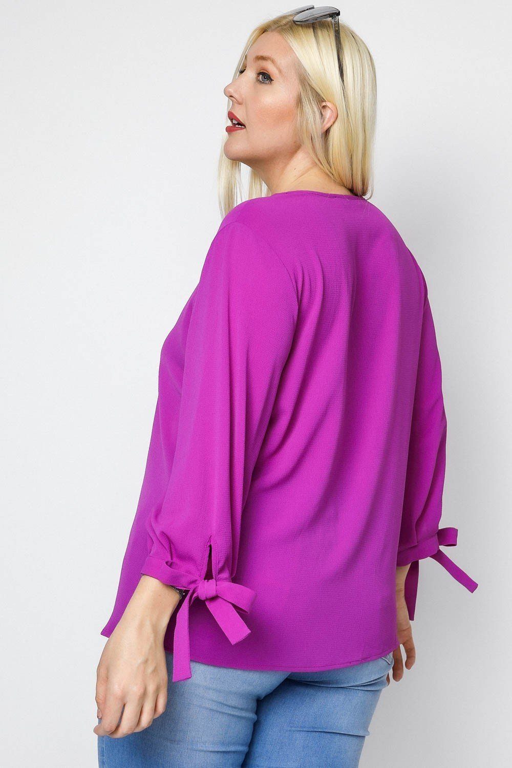 Solid V-neck 3/4 Sleeve Tie Accent Blouse Top - Absolute Fashion 2020