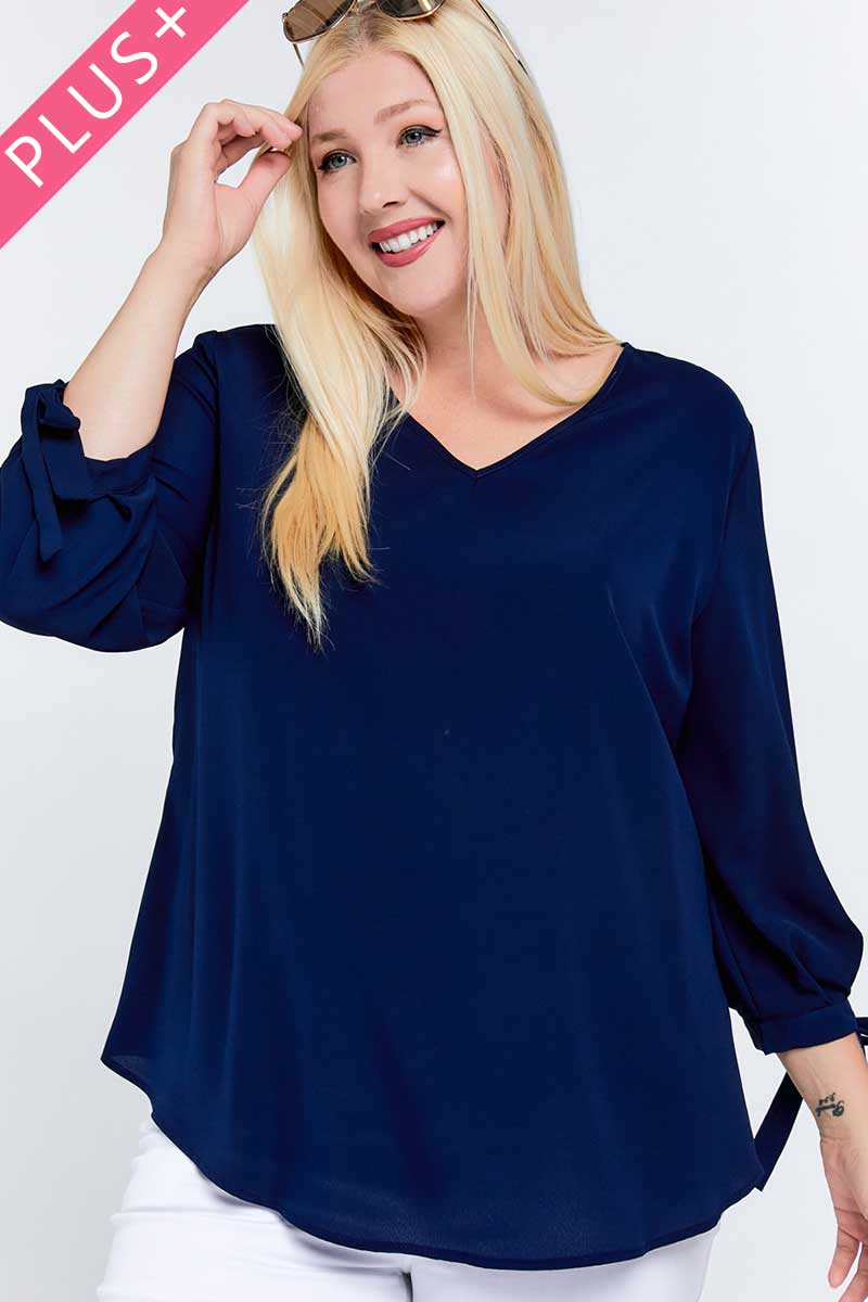 Solid V-neck 3/4 Sleeve Tie Accent Blouse Top - Absolute Fashion 2020