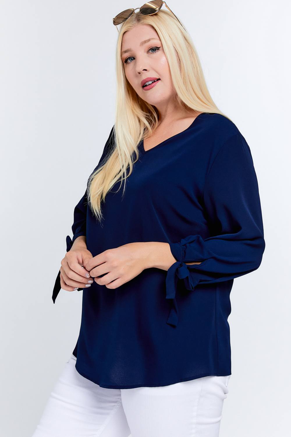 Solid V-neck 3/4 Sleeve Tie Accent Blouse Top - Absolute Fashion 2020