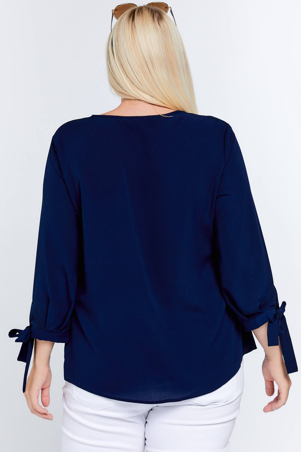 Solid V-neck 3/4 Sleeve Tie Accent Blouse Top - Absolute Fashion 2020