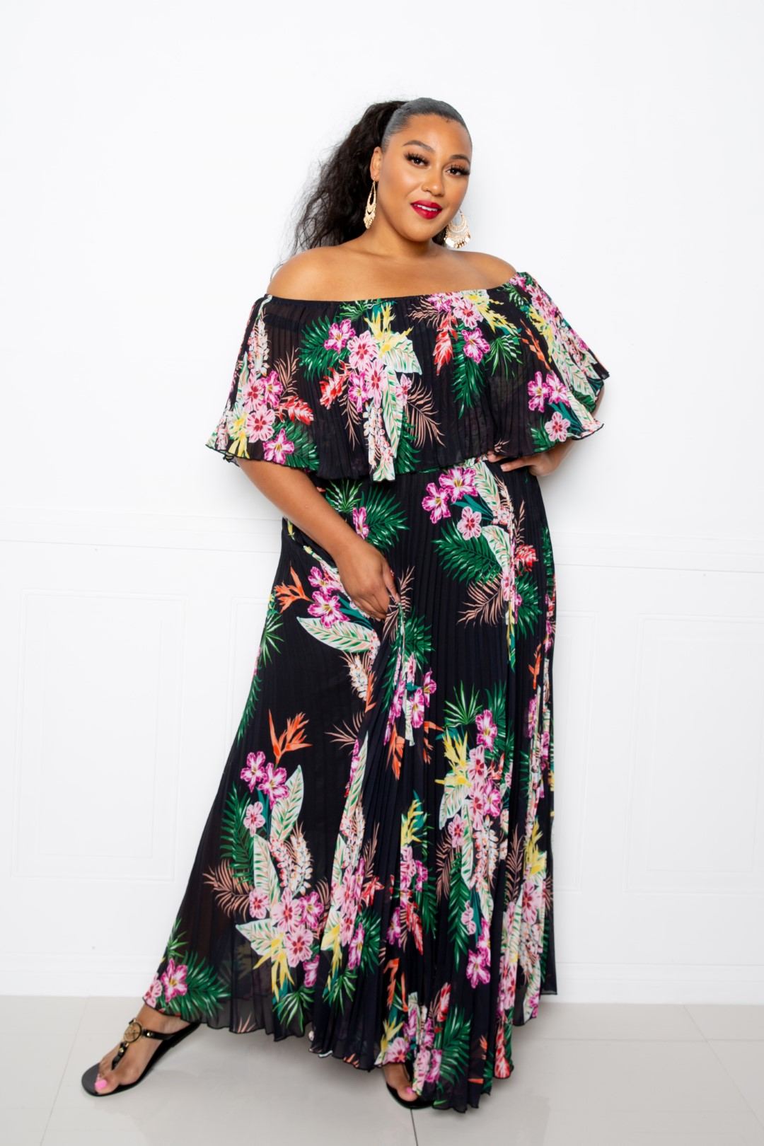 Tropical Printed Off Shoulder Pleated Maxi Dress - Absolute Fashion 2020