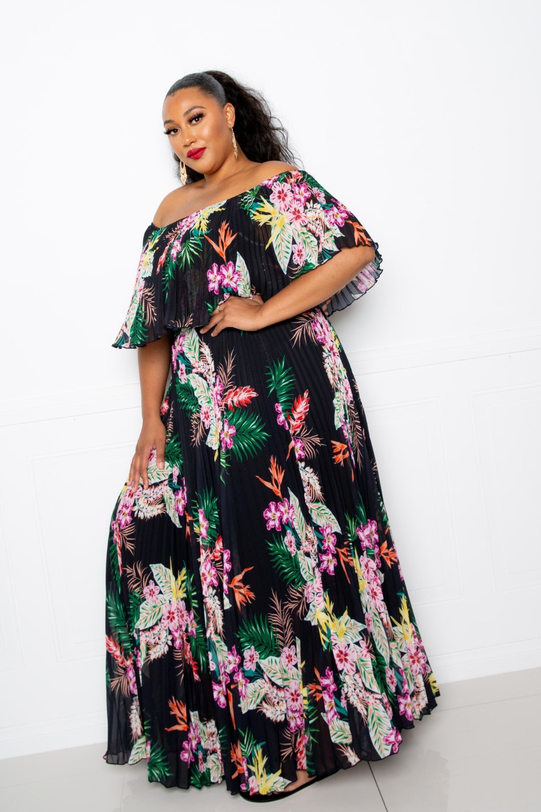 Tropical Printed Off Shoulder Pleated Maxi Dress - Absolute Fashion 2020