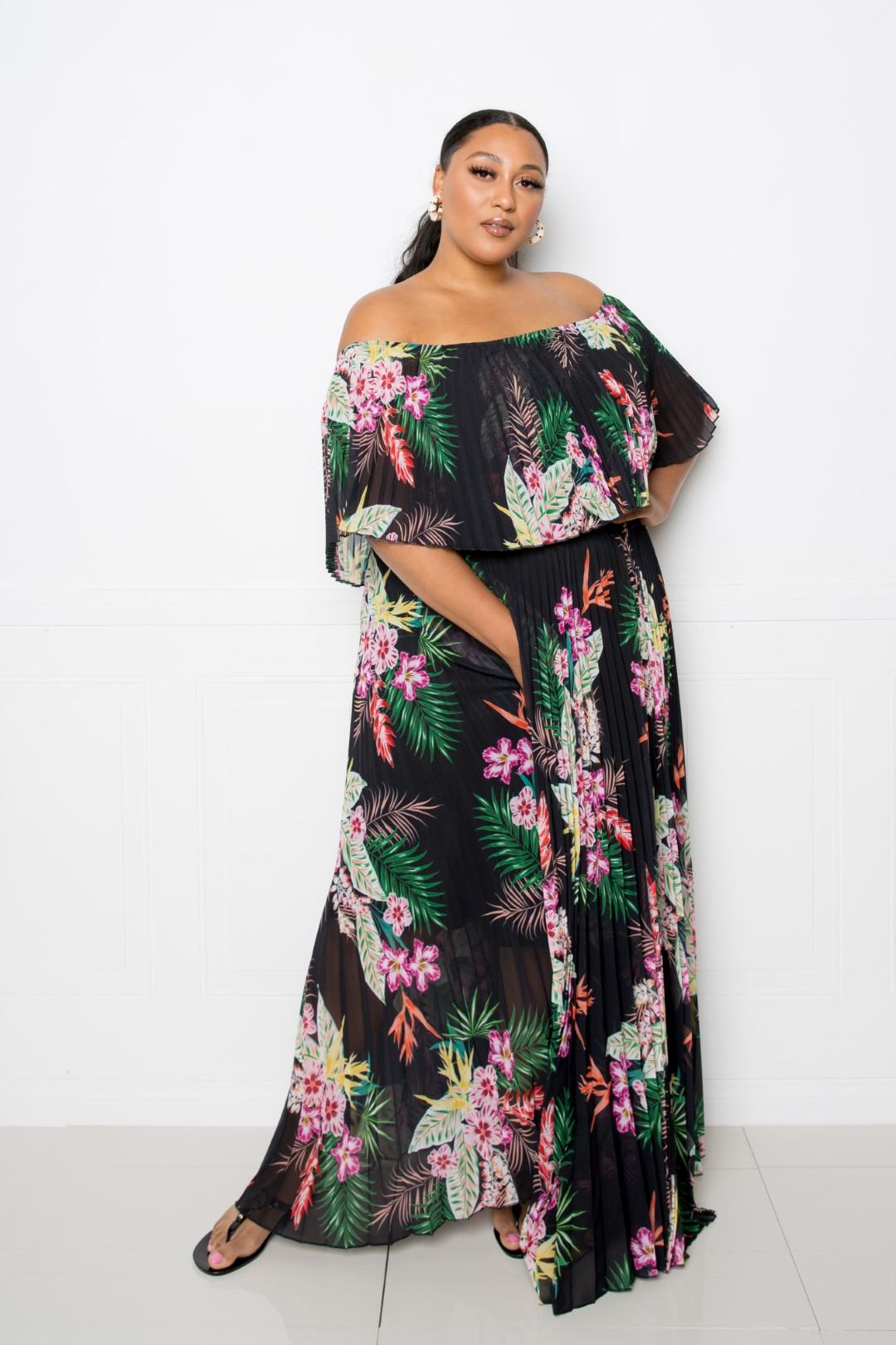 Tropical Printed Off Shoulder Pleated Maxi Dress - Absolute Fashion 2020