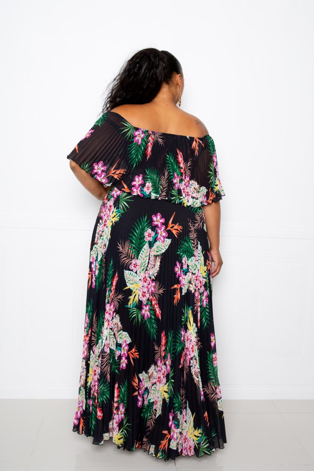 Tropical Printed Off Shoulder Pleated Maxi Dress - Absolute Fashion 2020