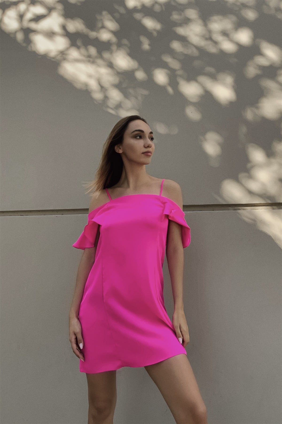 Hot Pink Cold Shoulder Ruffle Mini Shift Dress - Absolute Fashion 2020