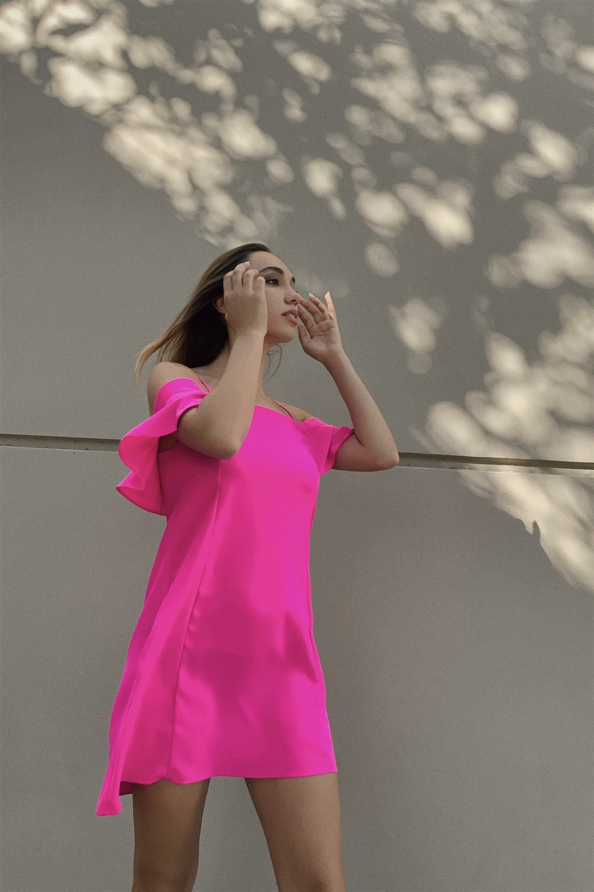 Hot Pink Cold Shoulder Ruffle Mini Shift Dress - Absolute Fashion 2020