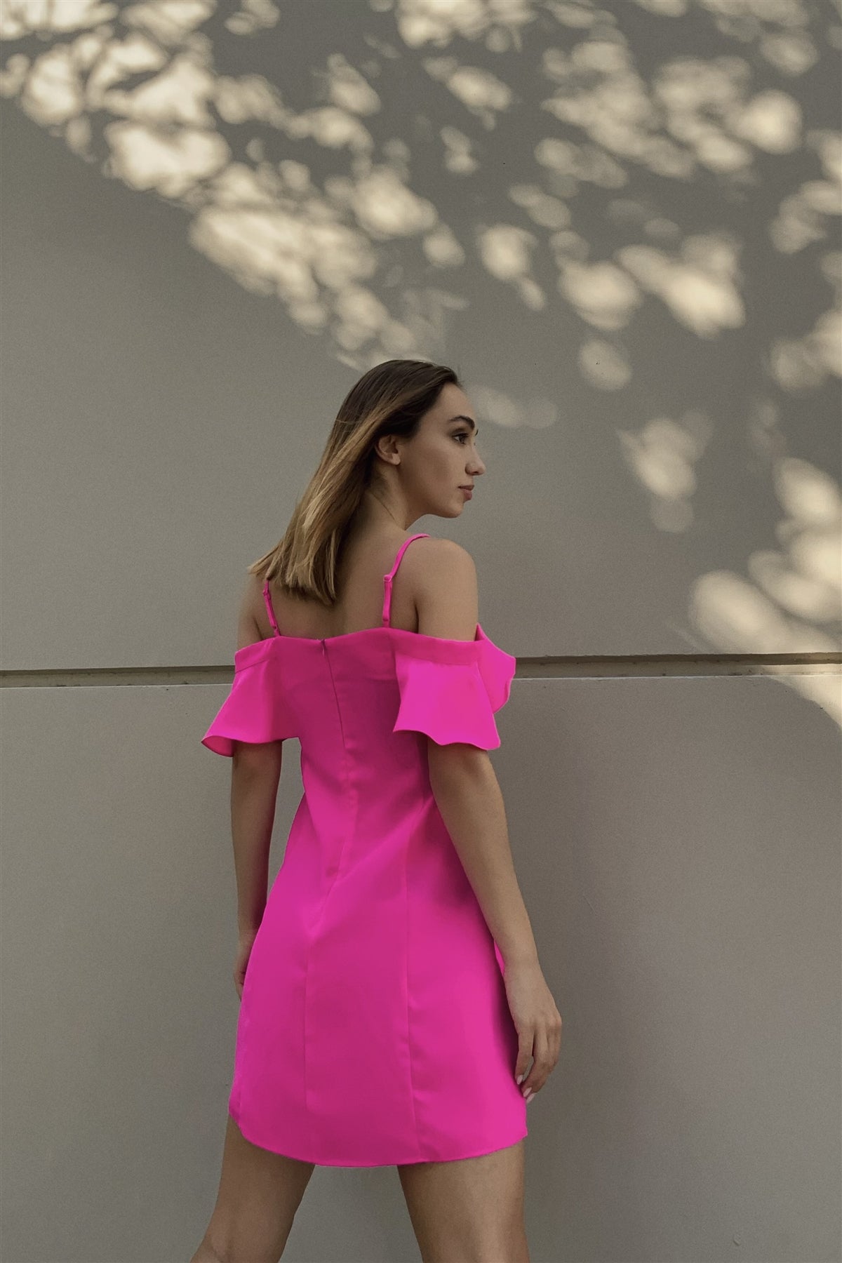 Hot Pink Cold Shoulder Ruffle Mini Shift Dress - Absolute Fashion 2020