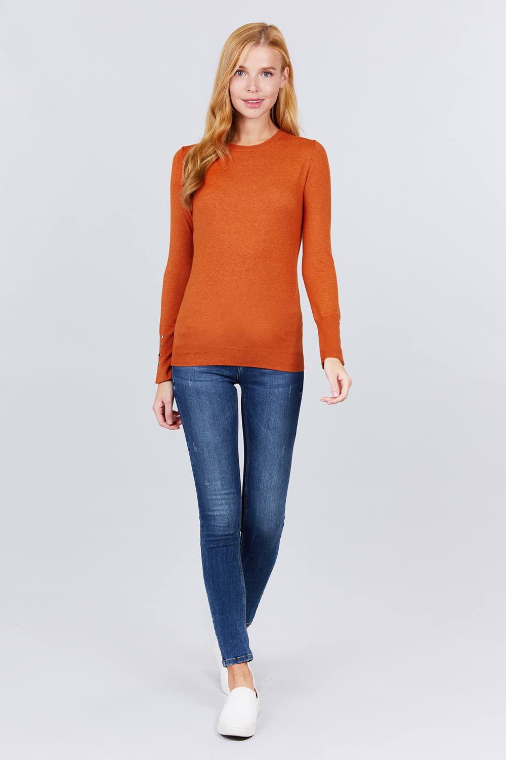 Crew Neck Sweater W/rivet Button - Absolute Fashion 2020