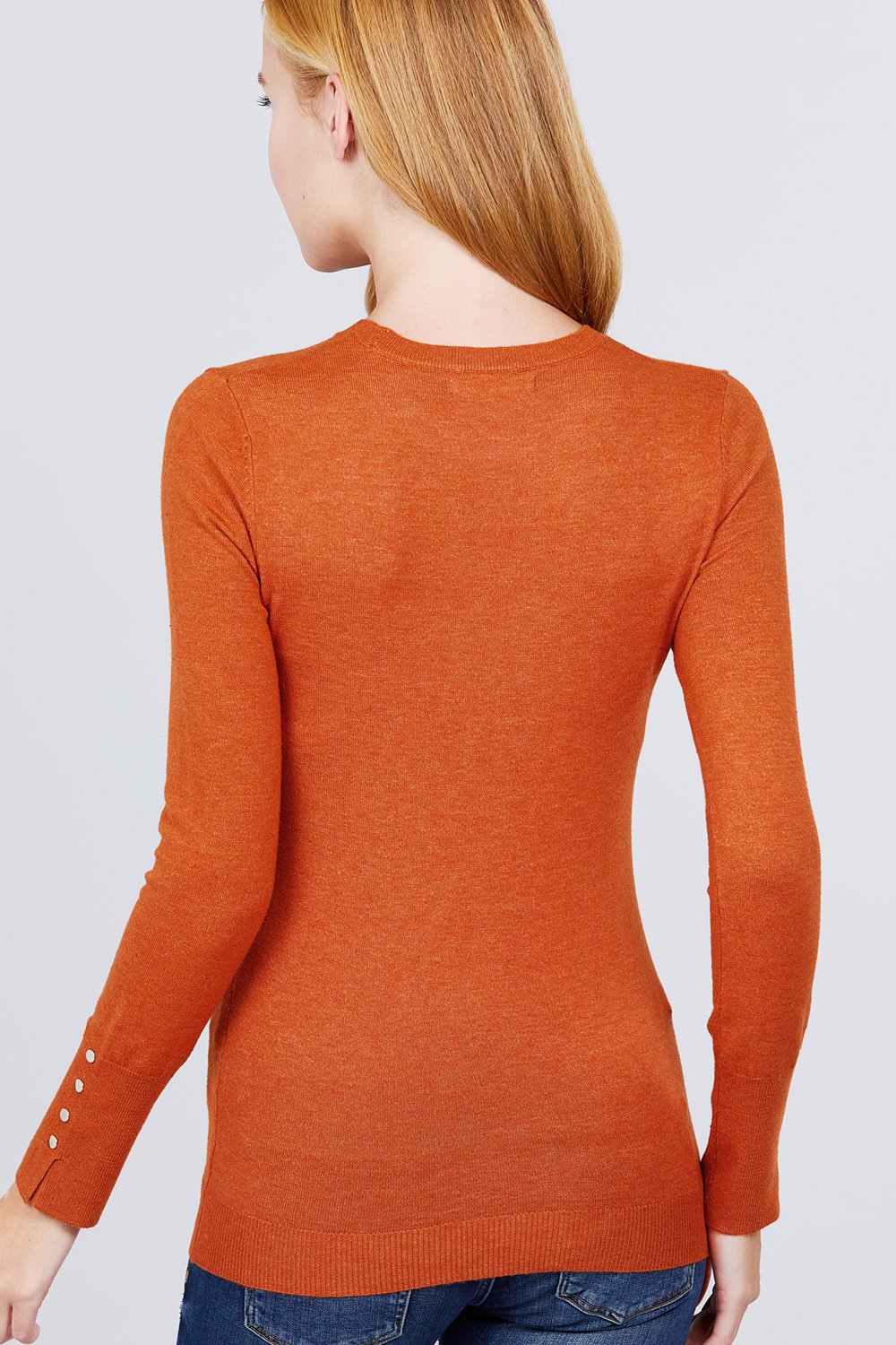 Crew Neck Sweater W/rivet Button - Absolute Fashion 2020