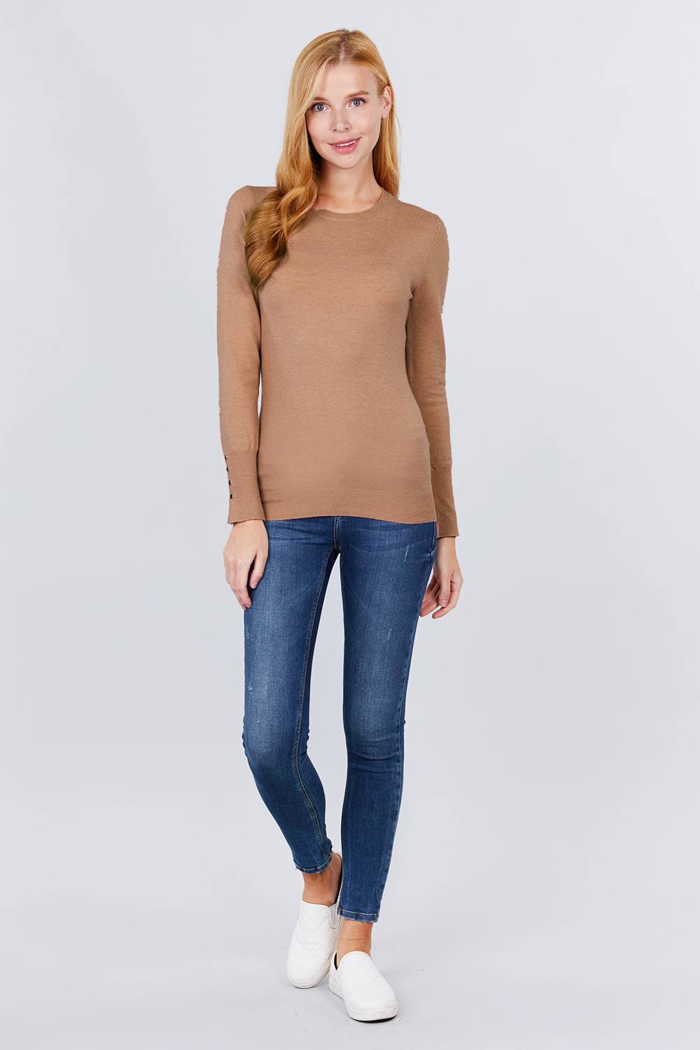 Crew Neck Sweater W/rivet Button - Absolute Fashion 2020