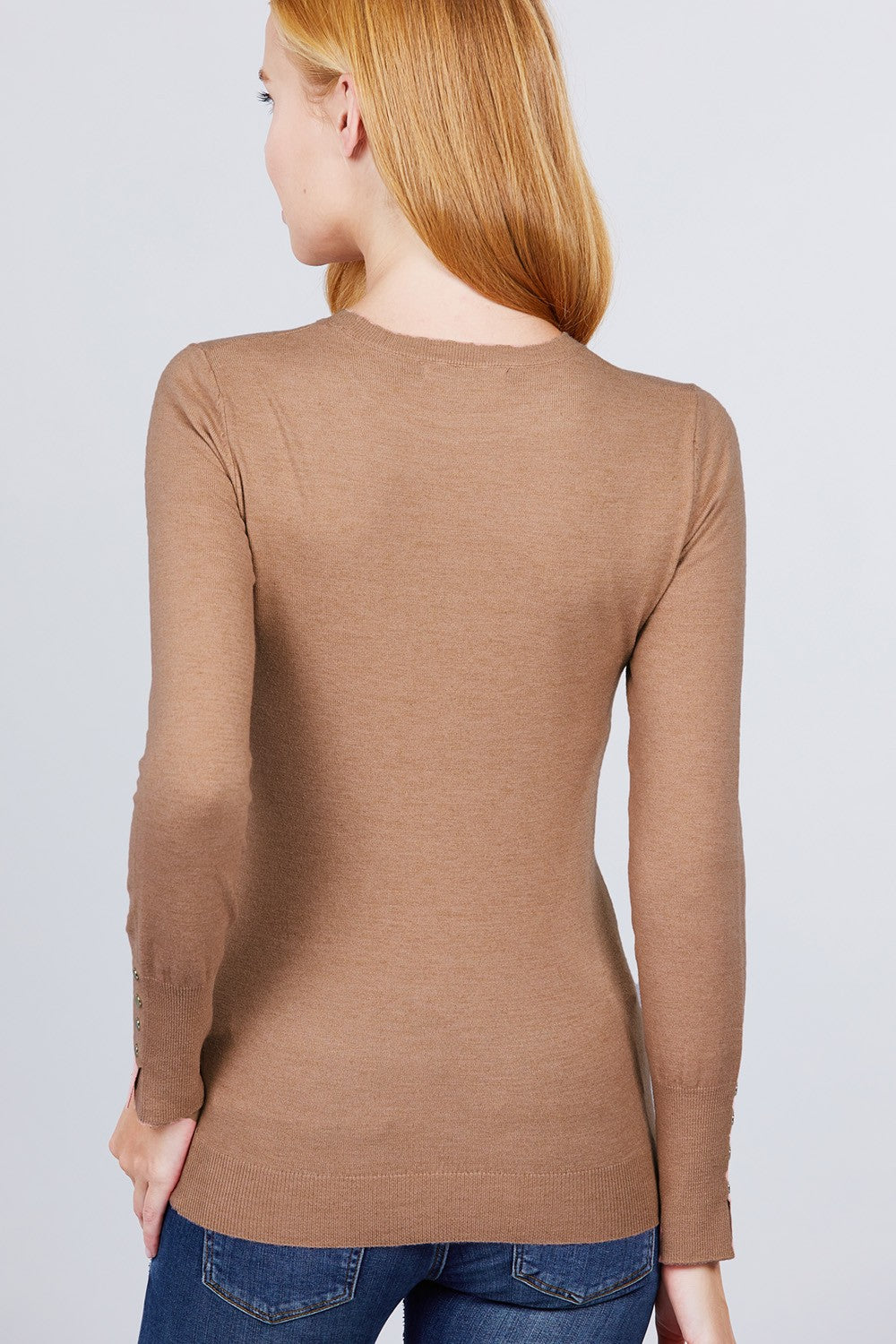 Crew Neck Sweater W/rivet Button - Absolute Fashion 2020