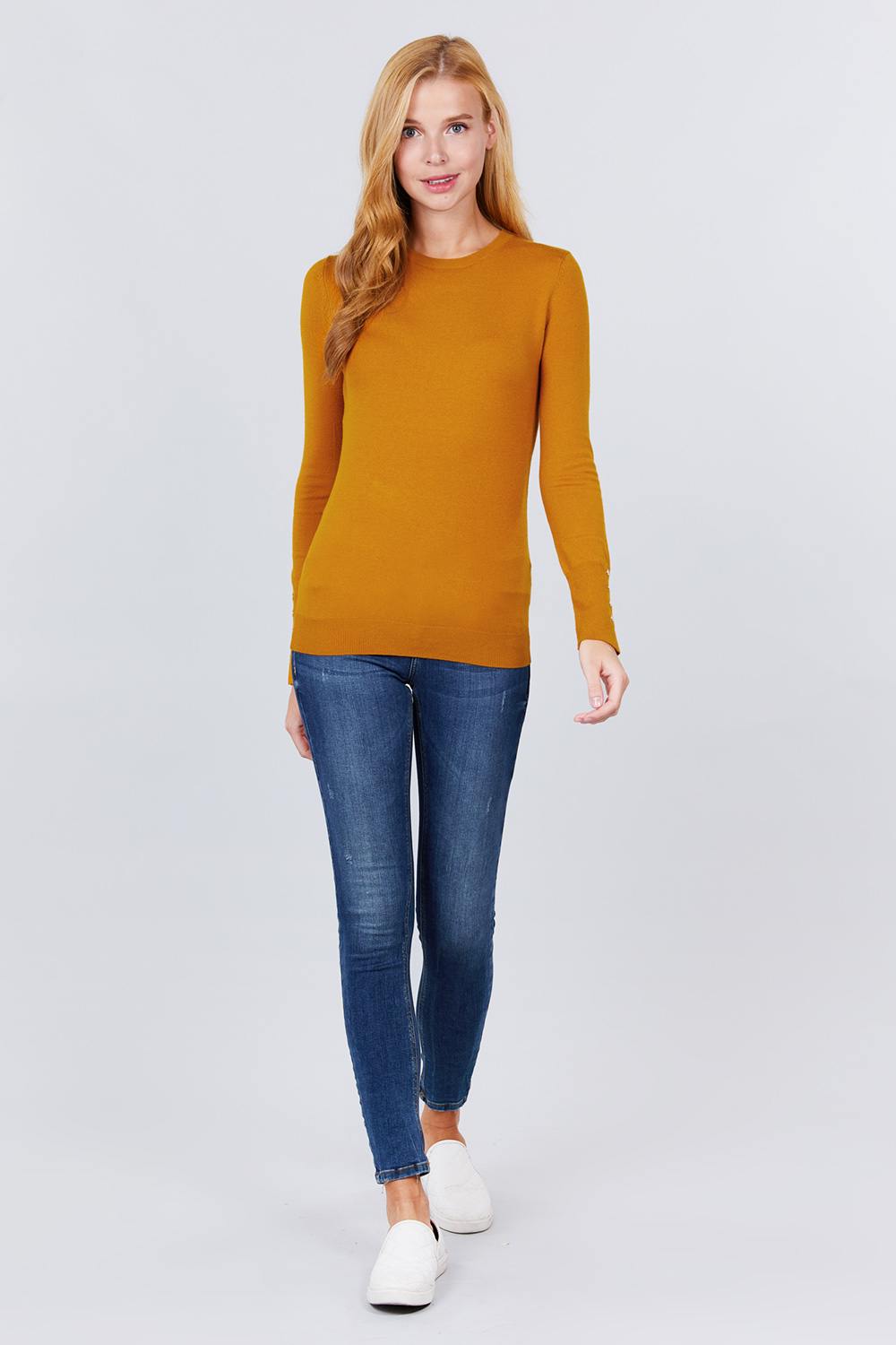 Crew Neck Sweater W/rivet Button - Absolute Fashion 2020