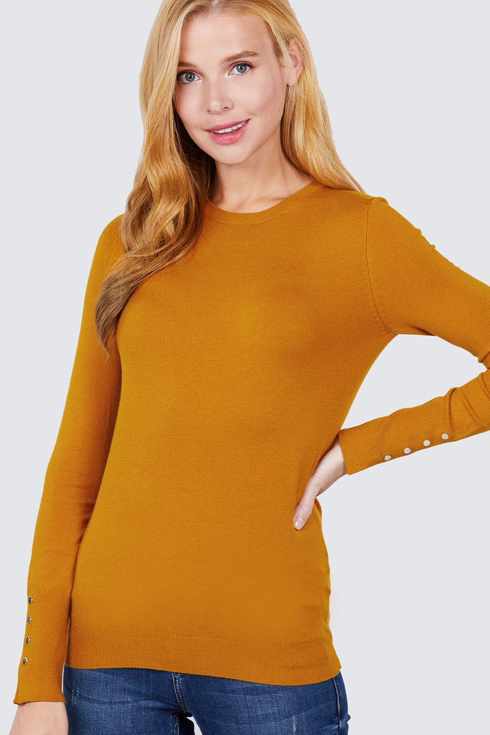 Crew Neck Sweater W/rivet Button - Absolute Fashion 2020