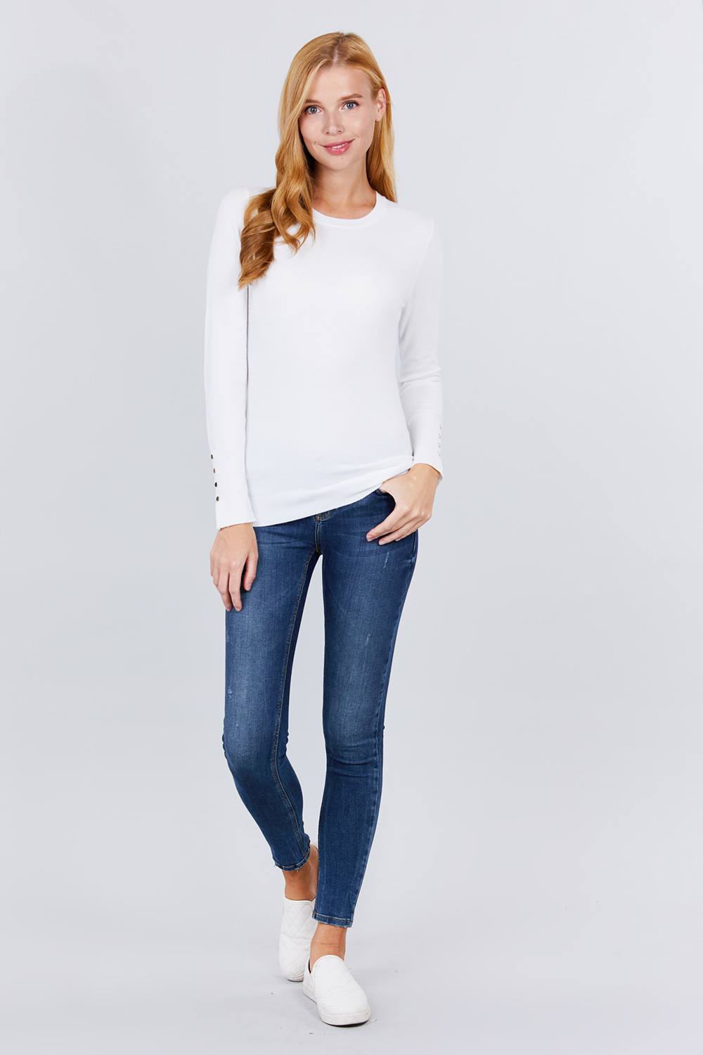 Crew Neck Sweater W/rivet Button - Absolute Fashion 2020