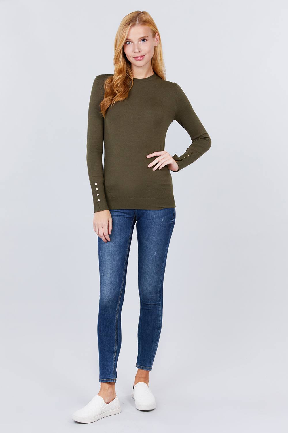 Crew Neck Sweater W/rivet Button - Absolute Fashion 2020