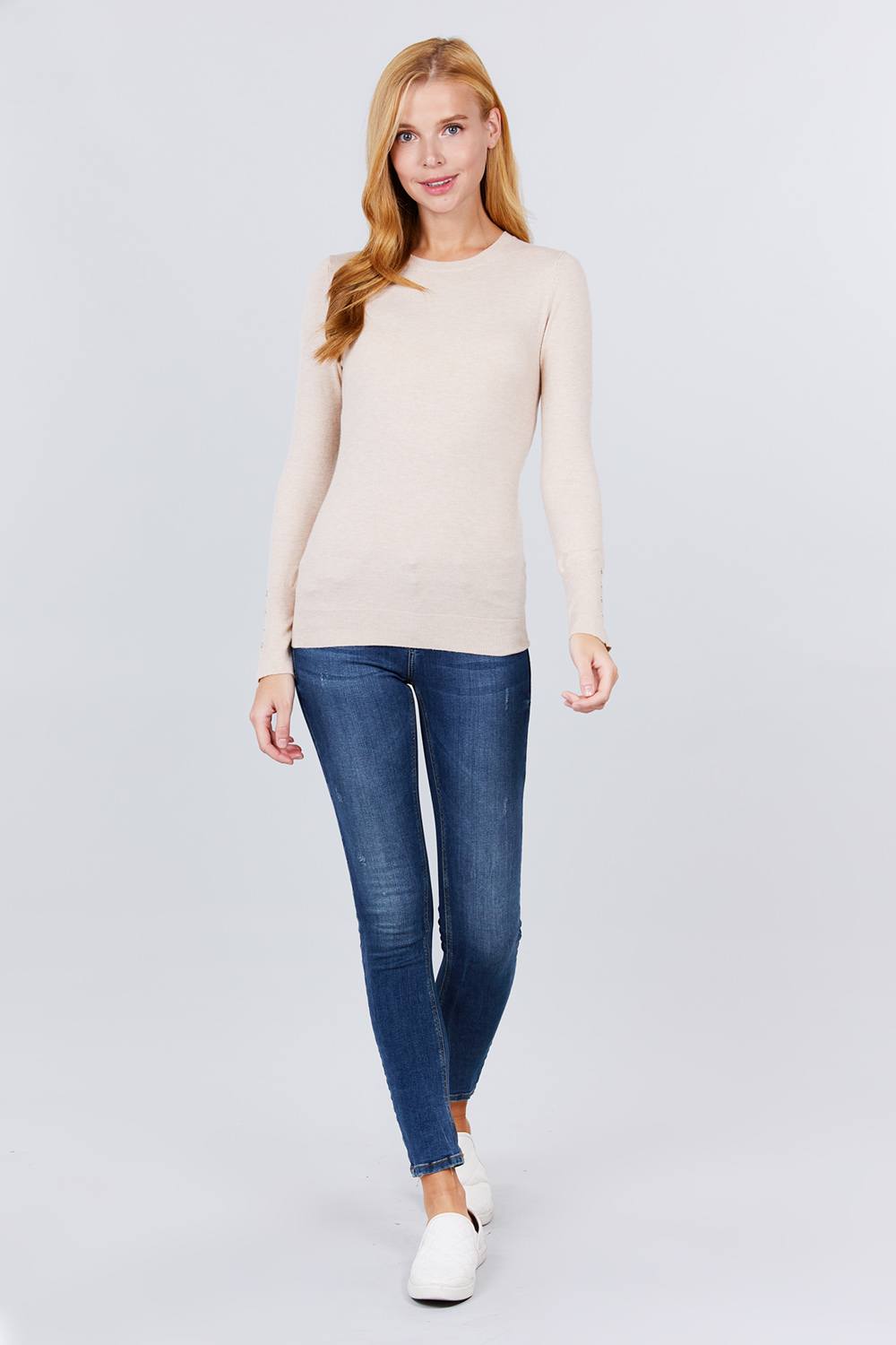 Crew Neck Sweater W/rivet Button - Absolute Fashion 2020