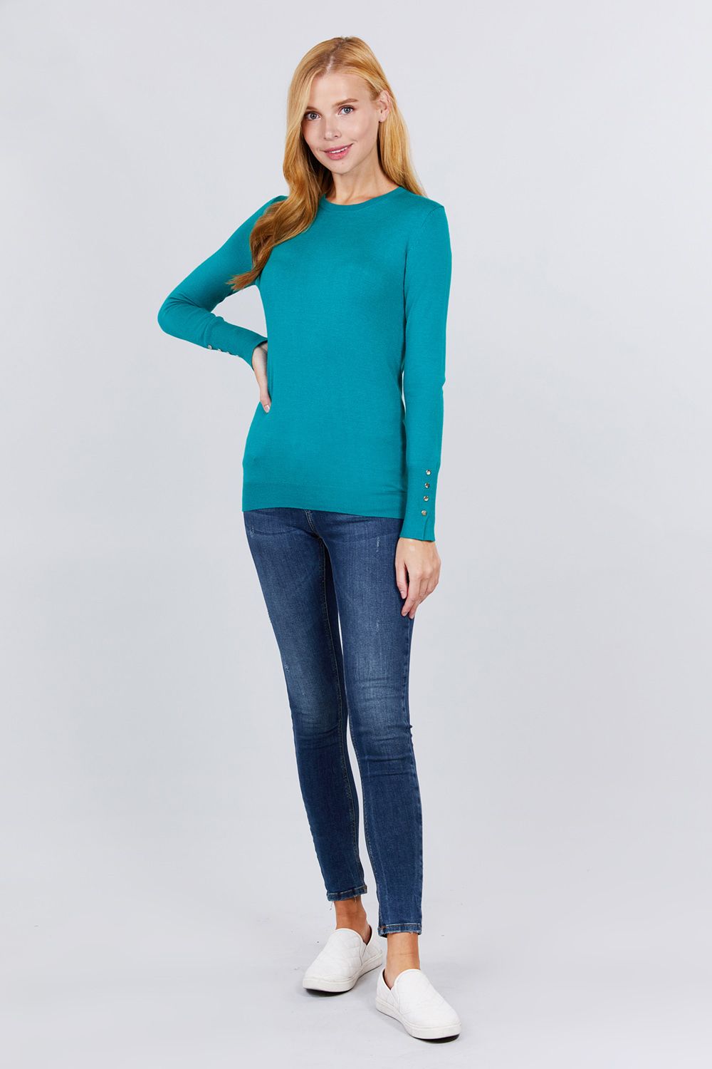 Crew Neck Sweater W/rivet Button - Absolute Fashion 2020