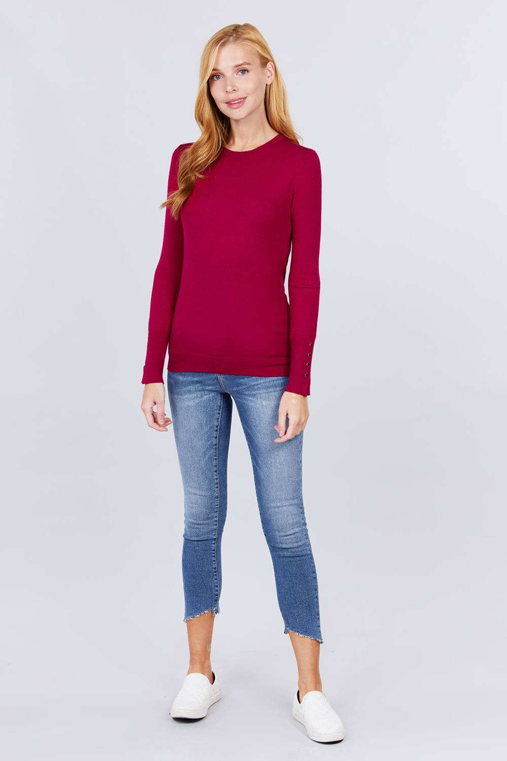 Crew Neck Sweater W/rivet Button - Absolute Fashion 2020