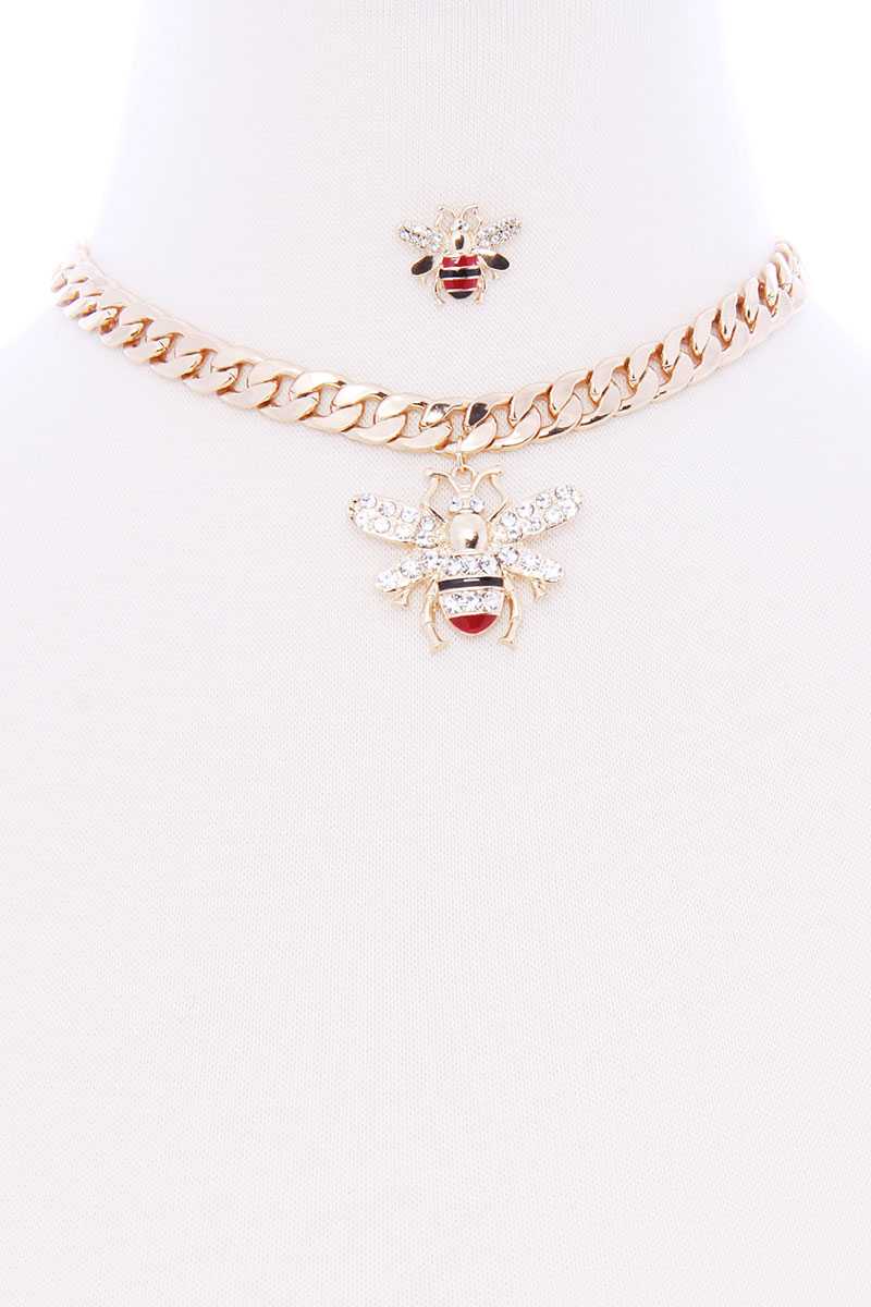 Chunky Metal Link Chain Bee Pendant Necklace Earring Set - Absolute Fashion 2020