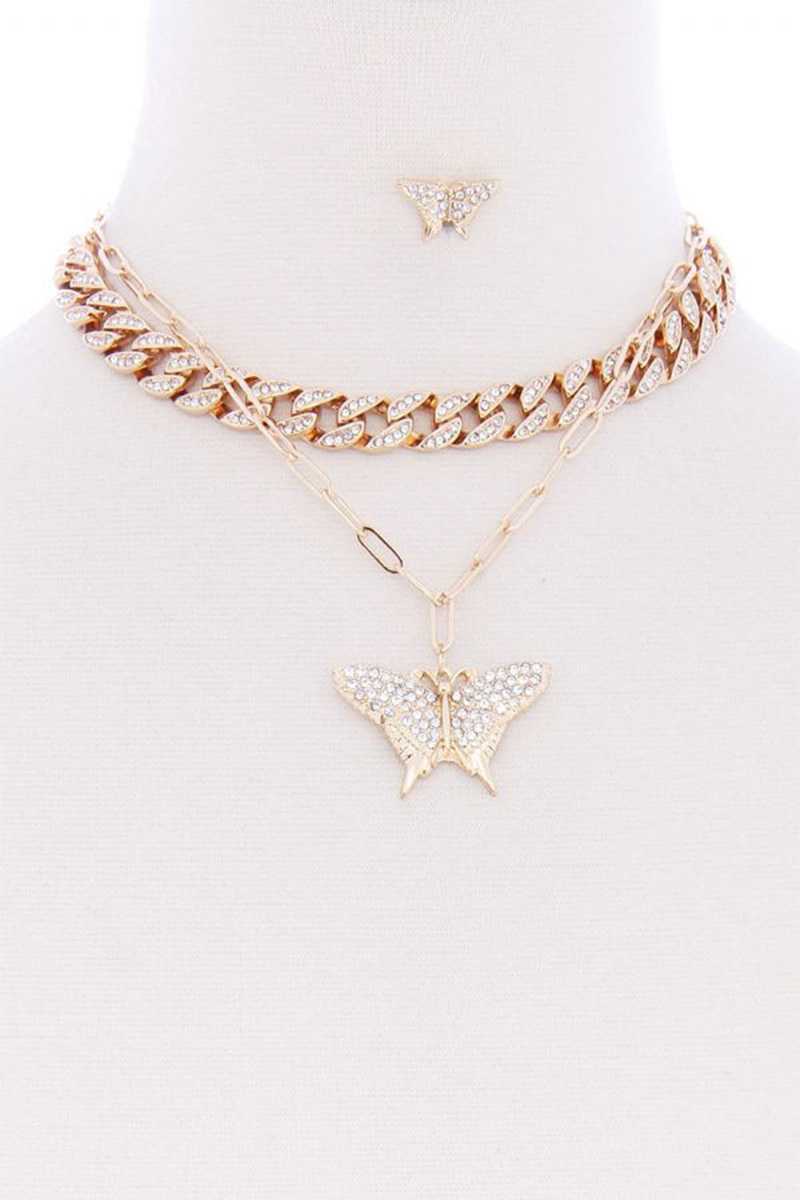 Rhinestone Studded Link Chain With Butterfly Pendant Necklace Earring Set - Absolute Fashion 2020