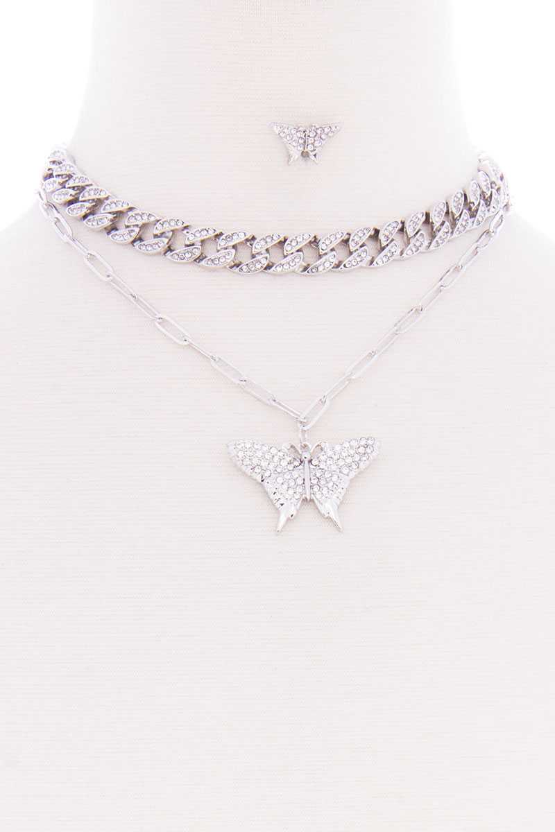 Rhinestone Studded Link Chain With Butterfly Pendant Necklace Earring Set - Absolute Fashion 2020