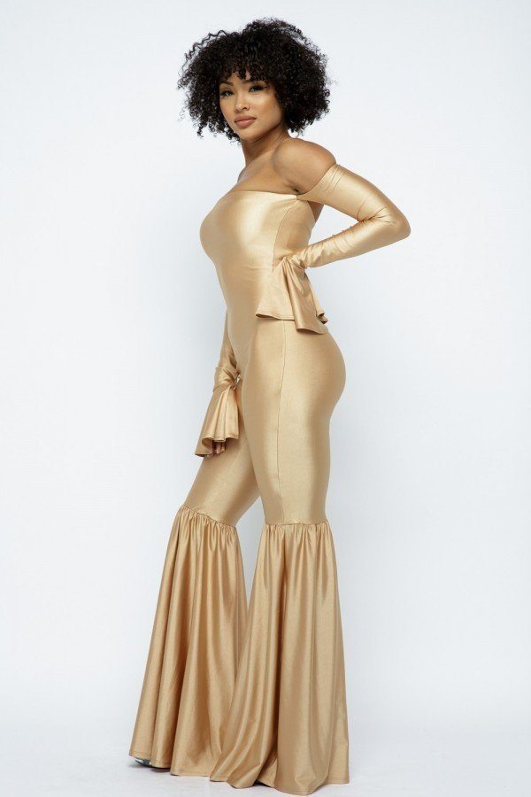 Yoga Off The Shoulder Slit Bell Wide Leg Flare Jumpsuit - Absolute Fashion 2020