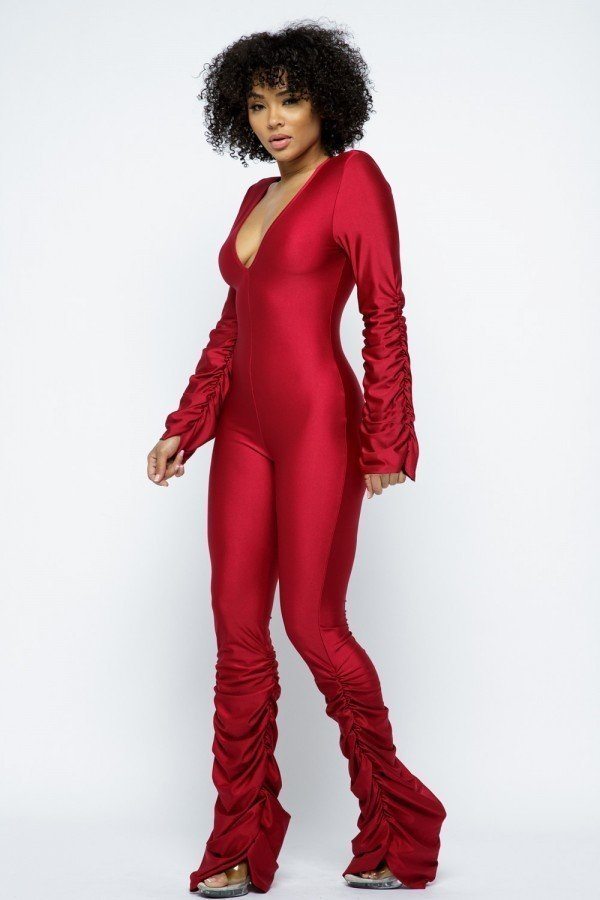 Yoga Shoulder Padded Ruched Stacked Jumpsuit - Absolute Fashion 2020