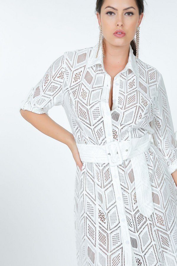 Belted Hi Low Placket Lace Shirt Dress - Absolute Fashion 2020