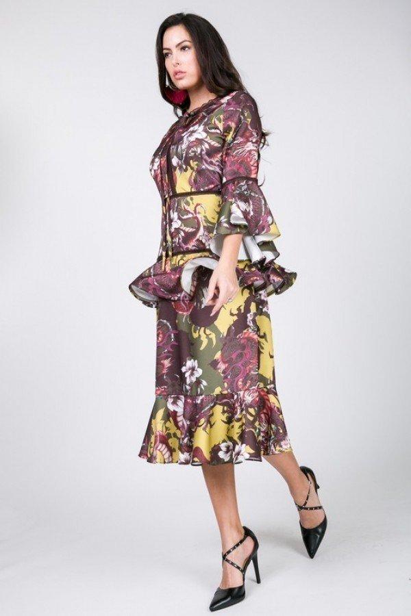 Cascade Ruffle Sleeve Frill Tiered Bottom Print Midi Dress - Absolute Fashion 2020