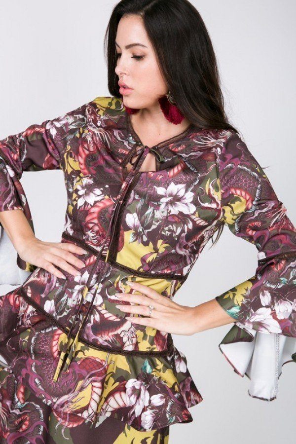 Cascade Ruffle Sleeve Frill Tiered Bottom Print Midi Dress - Absolute Fashion 2020
