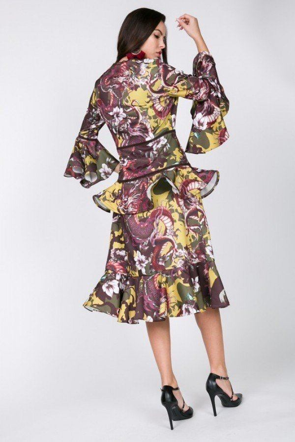 Cascade Ruffle Sleeve Frill Tiered Bottom Print Midi Dress - Absolute Fashion 2020