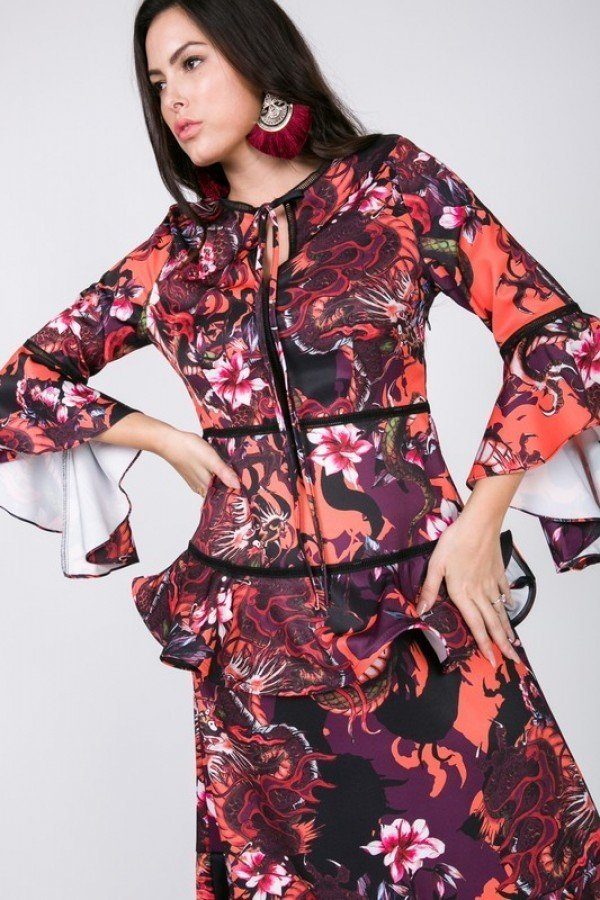 Cascade Ruffle Sleeve Frill Tiered Bottom Print Midi Dress - Absolute Fashion 2020