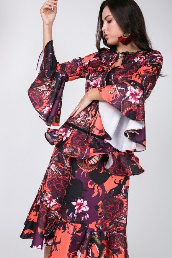 Cascade Ruffle Sleeve Frill Tiered Bottom Print Midi Dress - Absolute Fashion 2020