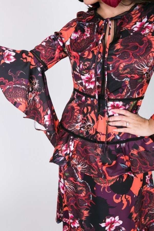 Cascade Ruffle Sleeve Frill Tiered Bottom Print Midi Dress - Absolute Fashion 2020