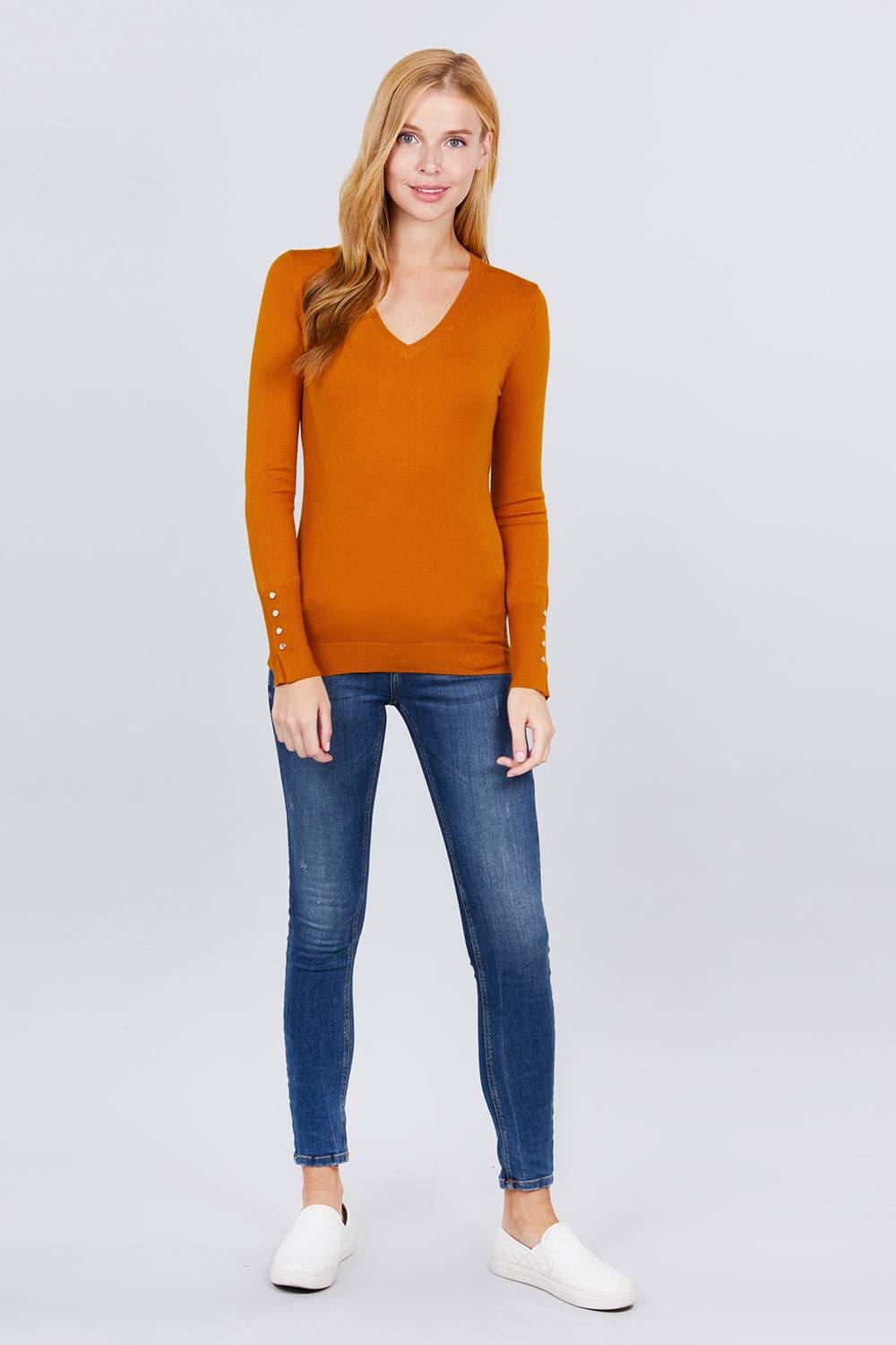 V-neck Sweater W/rivet Button - Absolute Fashion 2020