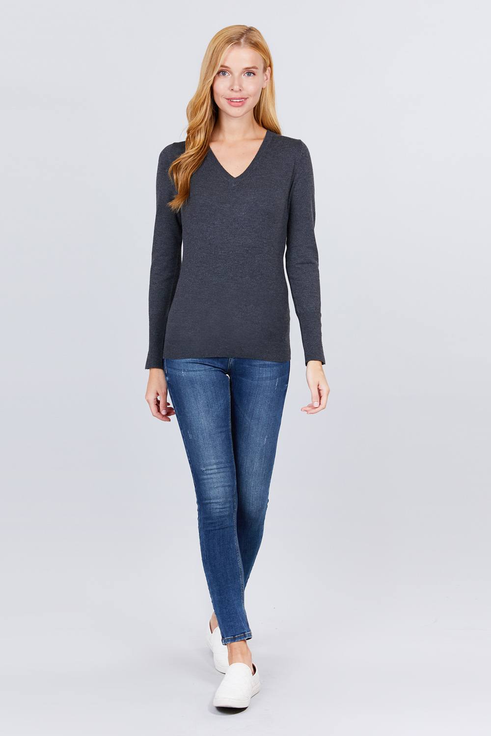 V-neck Sweater W/rivet Button - Absolute Fashion 2020