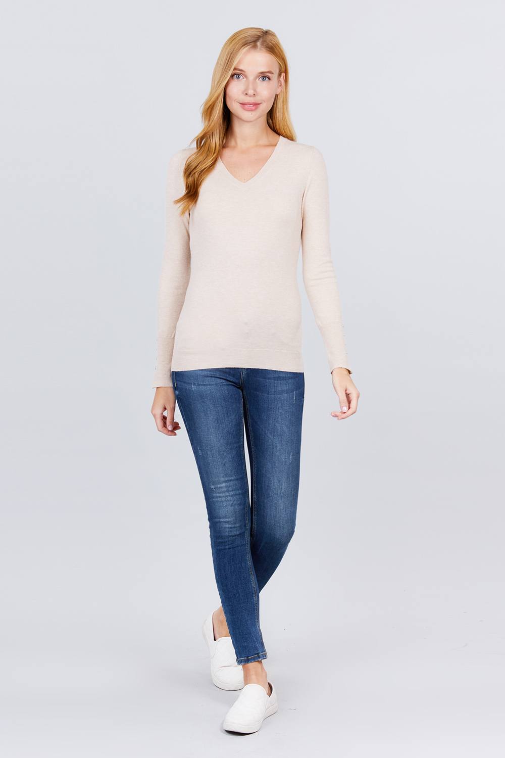 V-neck Sweater W/rivet Button - Absolute Fashion 2020